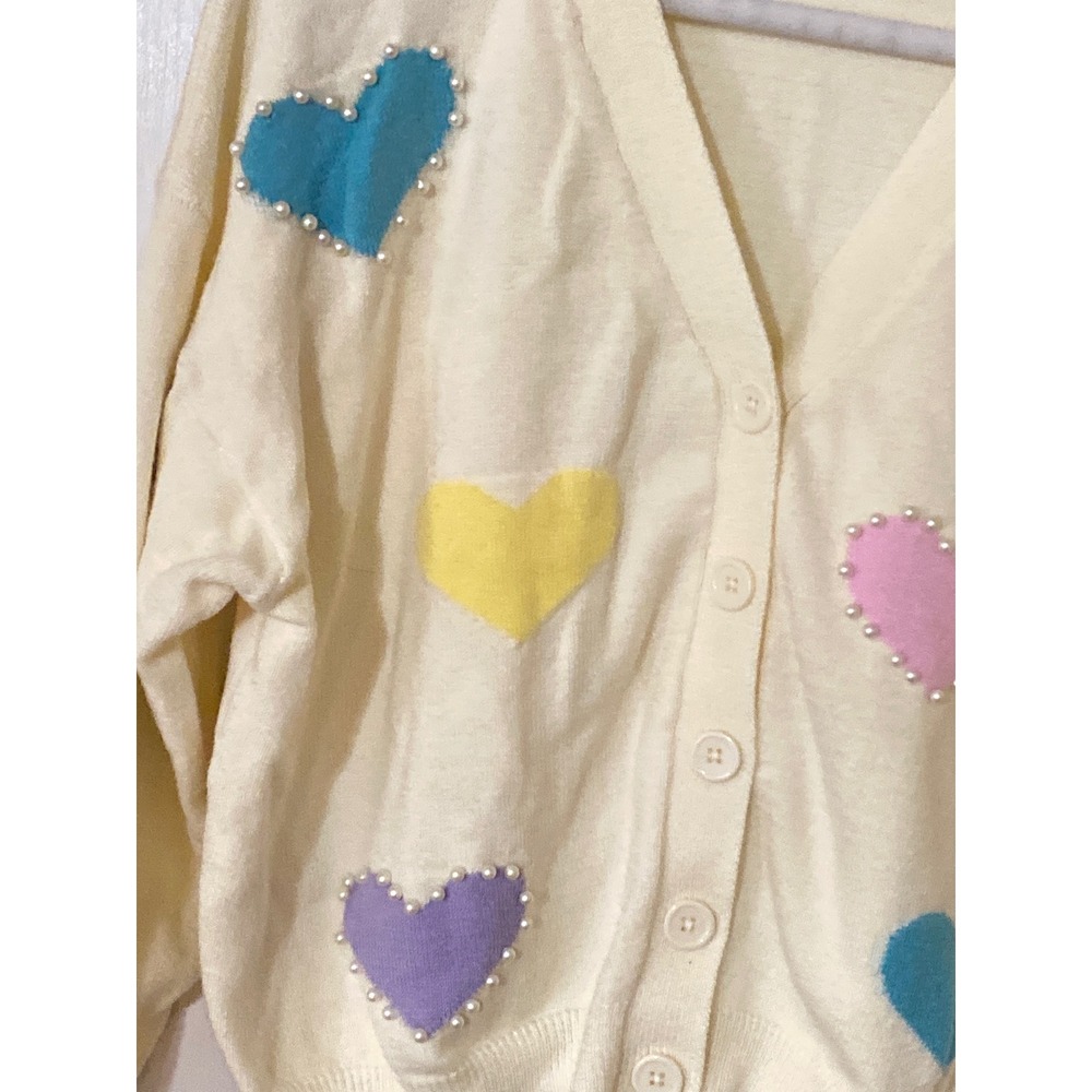 Pastel Heart Pearl Embellished Cream Cardigan Sweater V-Neck Button Front L-XL - Picture 3 of 8
